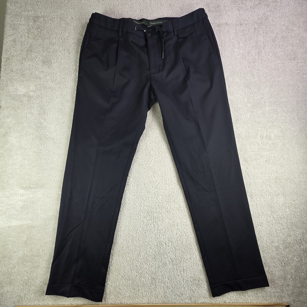 Maceoo Men's Wool Blend‎ Trousers Navy Cuffed Elastic Modern Sz 38x30